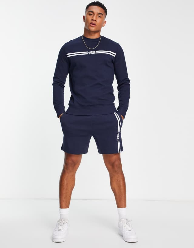 Jack & Jones Originals sweatshirt and shorts set with logo stripe in navy