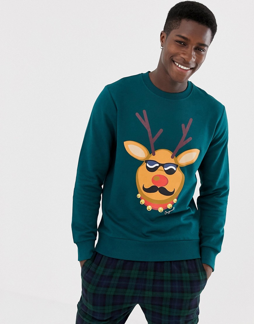 Jack & Jones - Originals - Sweatshirt voor kerst met rendierprint-Groen