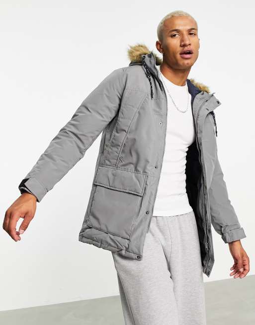 Jack & Jones Originals – Szara parka z kapturem z podszewką ze sztucznego futra
