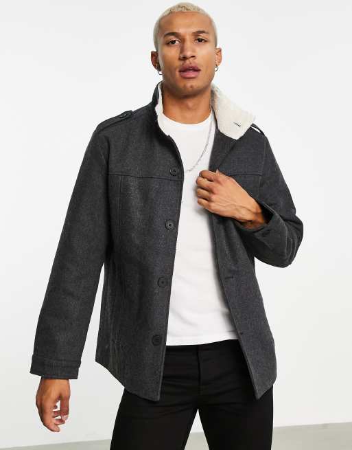 Jack & Jones Originals – Szara wełniana kurtka z golfem z kożuszkową wyściółką