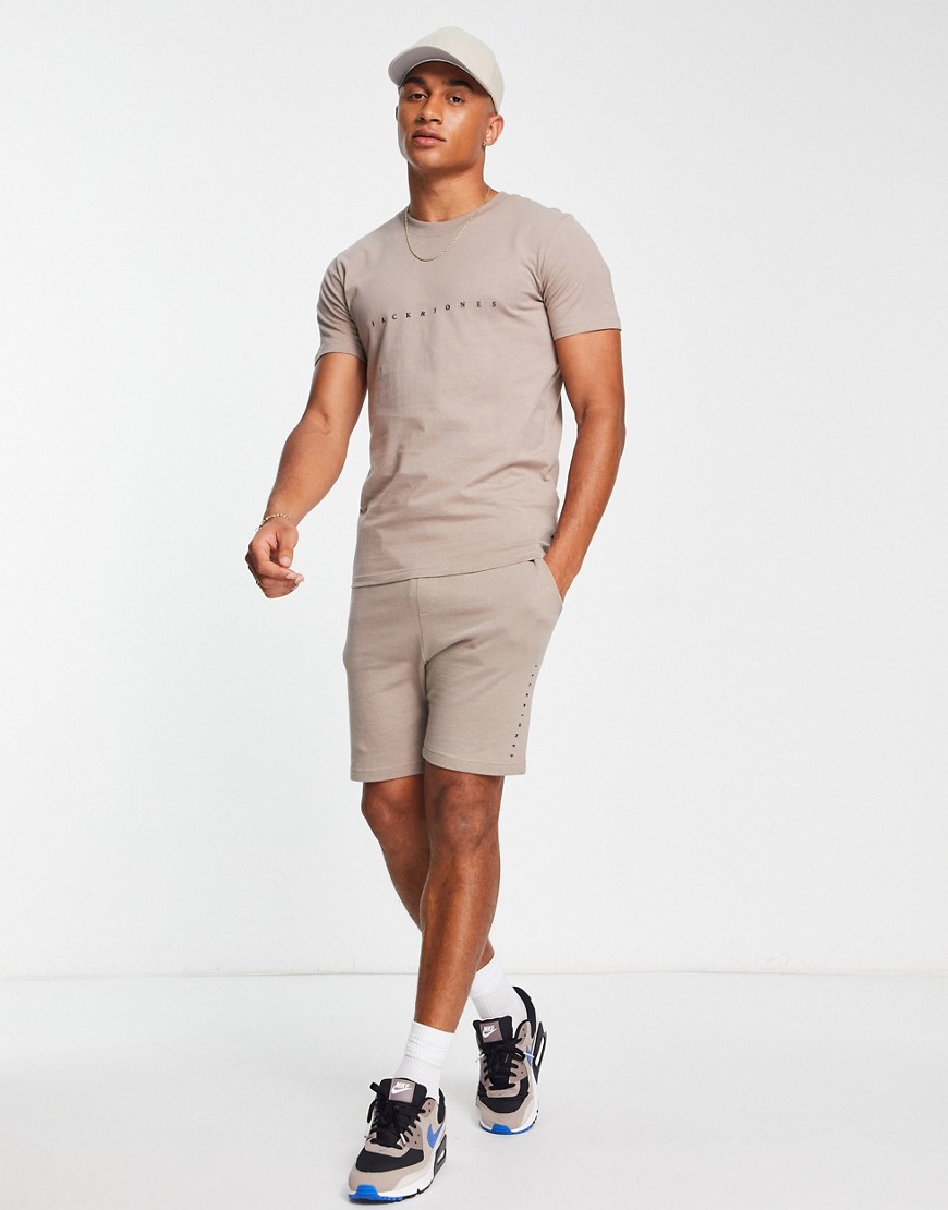 Jack & Jones Originals T-shirt and shorts set with logo in beige-Neutral