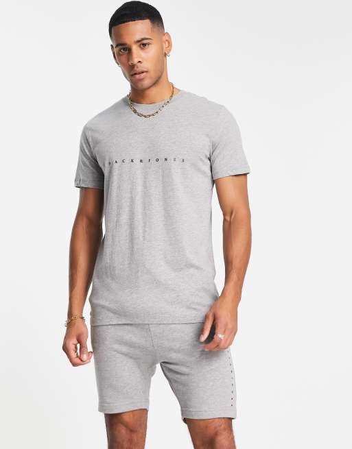 Men's Basic Retro Washed Solid Color 100% Cotton Short Sleeves Crew Neck T- shirt And Casual Drawstring Shorts Set In GRAY