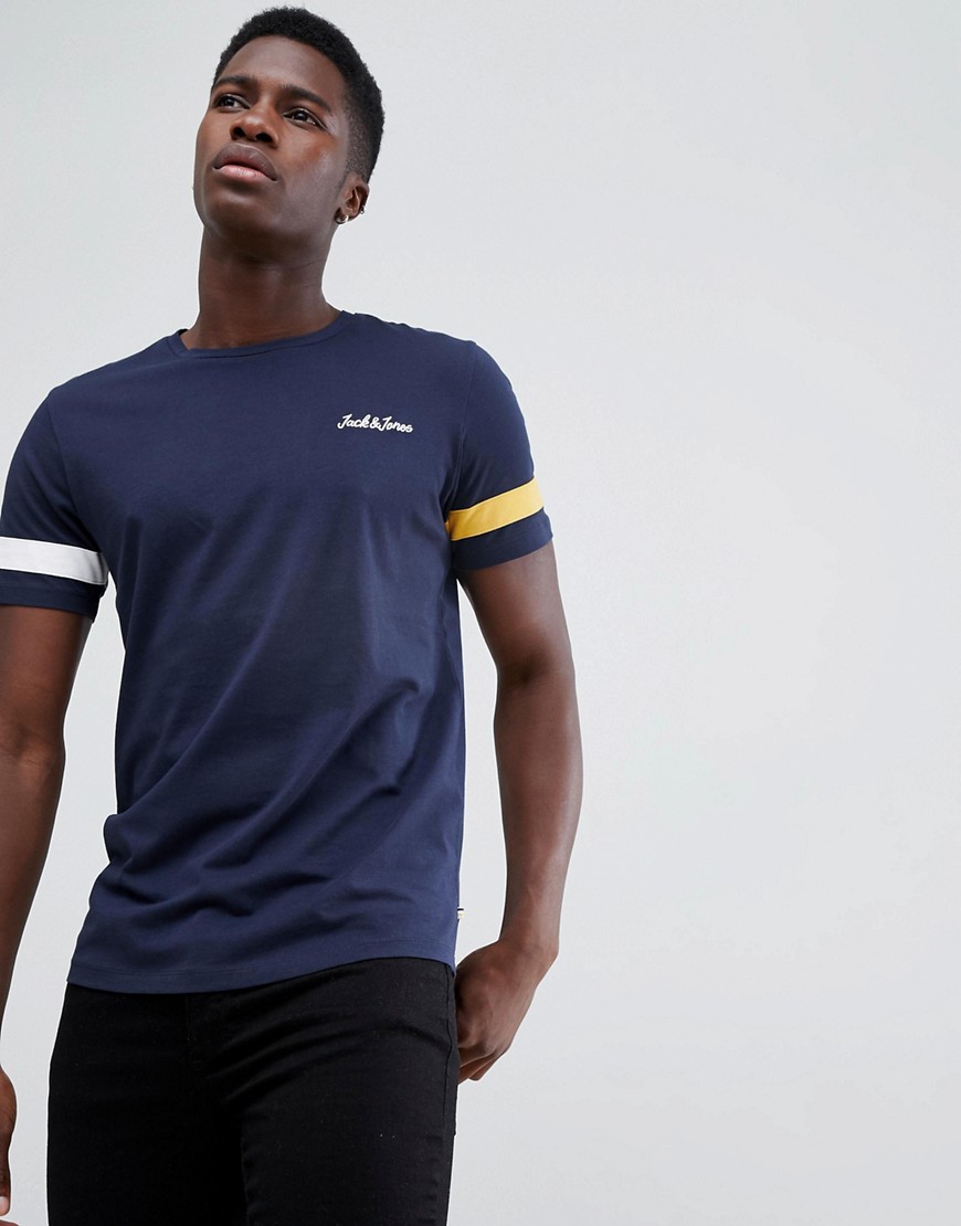 Jack & Jones Originals - T-shirt con dettagli a righe sulle braccia-Navy