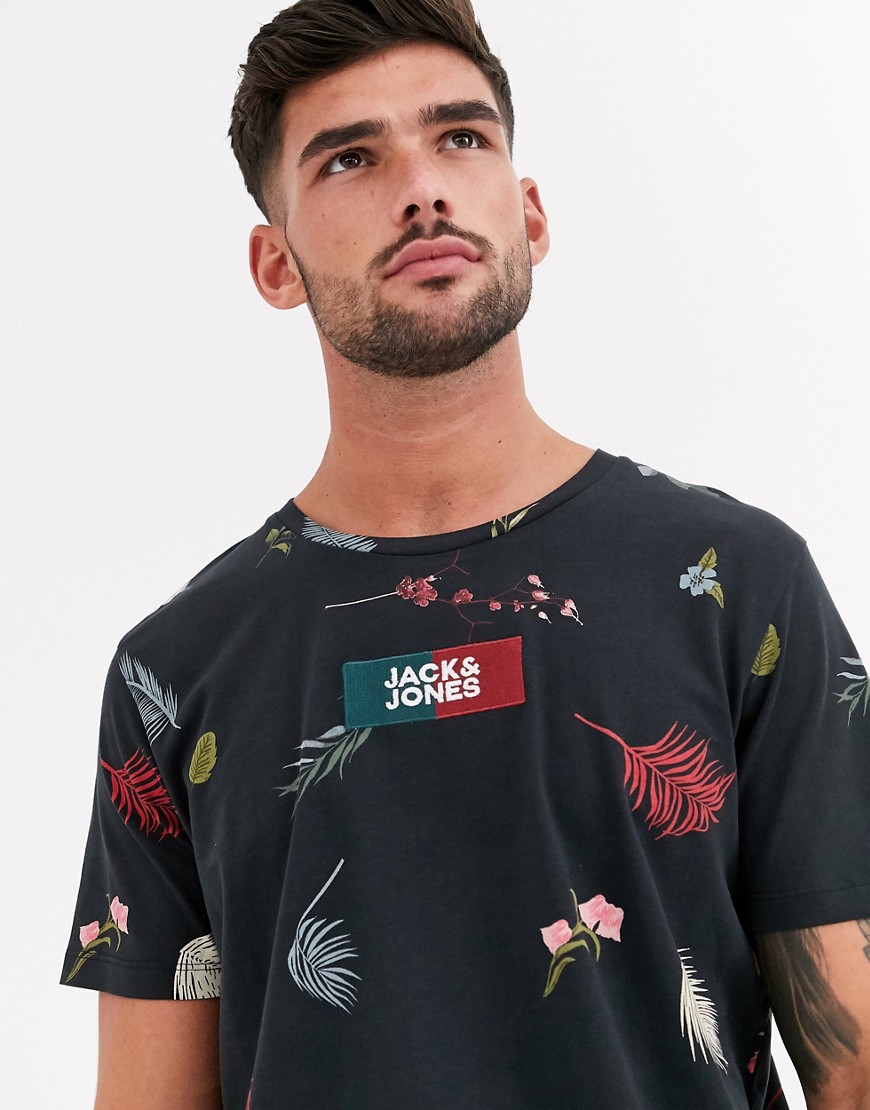 Jack & Jones Originals - T-shirt con logo sul petto nera a fiori-Nero