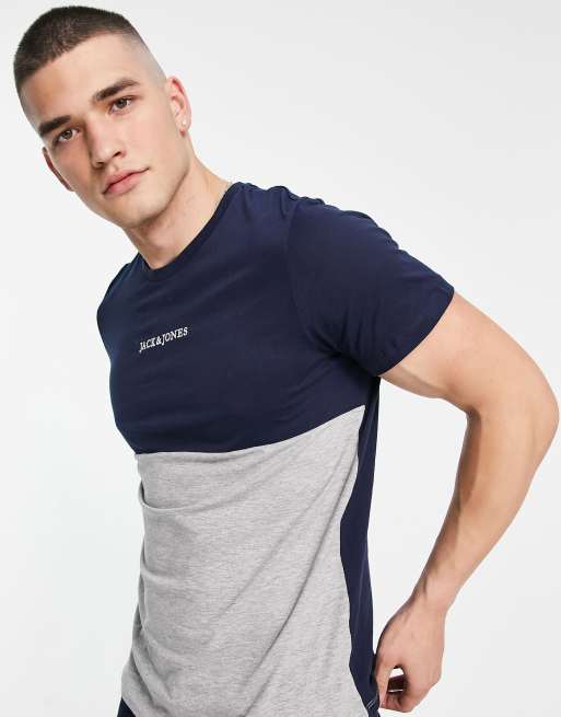 Jack & Jones - Originals - T-shirt effet color block - Bleu marine et gris