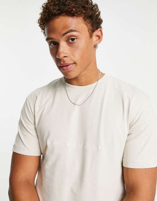 Jack & Jones Originals – T-Shirt in Beige mit tief angesetzter Schulter und Stickerei 