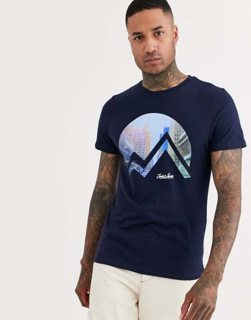 Jack & Jones – Originals – T-Shirt in Marine mit Berg-Grafik
