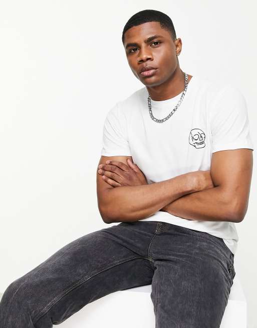 Jack & Jones Originals – T-Shirt in Weiß mit beflocktem Totenkopf-Motiv