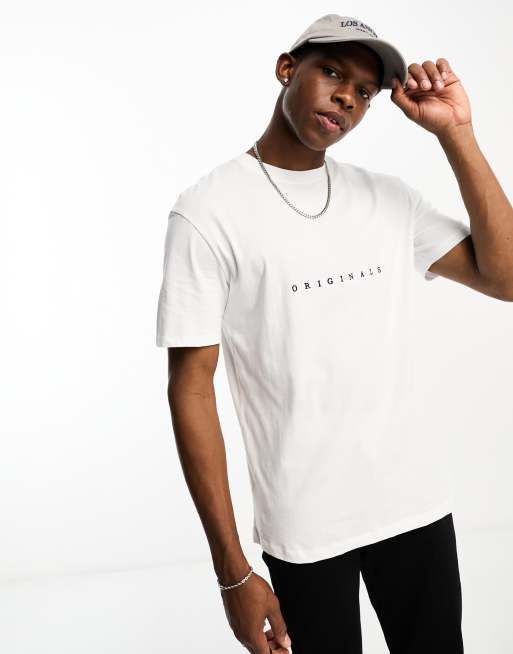 Jack & Jones Originals – T-Shirt in Weiß mit tief angesetzter Schulter und Stickerei 