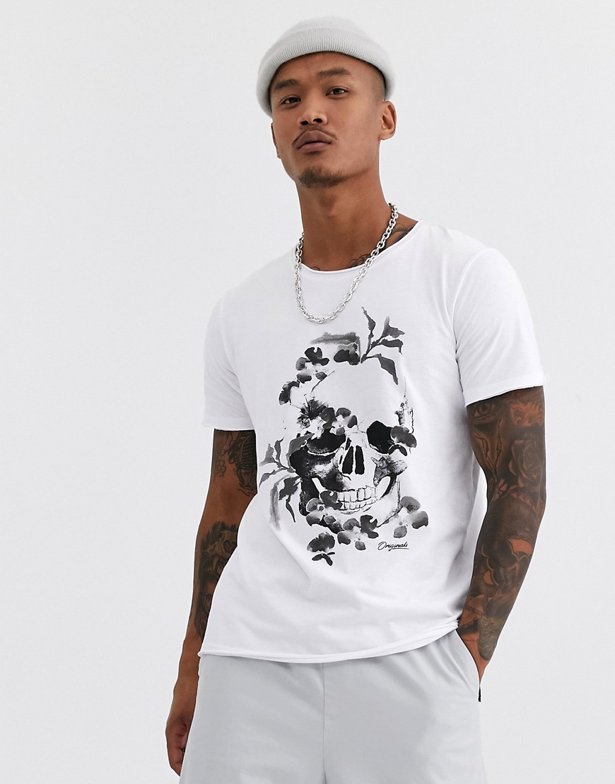Jack & Jones Originals - T-shirt lunga con teschio bianca-Bianco