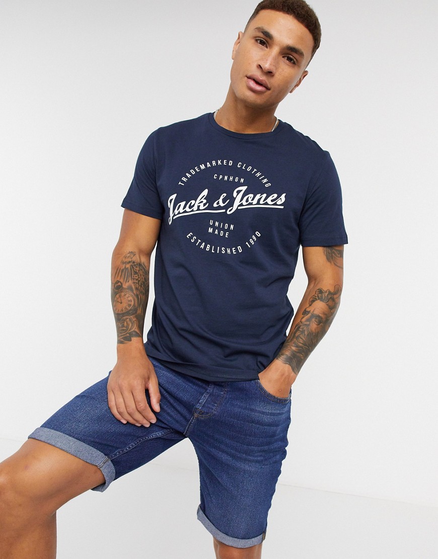 Jack & Jones – Originals – T-shirt med rund logga-Marinblå