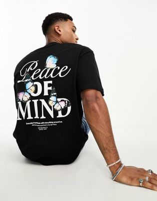 Jack & Jones Originals oversized t-shirt with peace of mind back print in black  - ASOS Price Checker