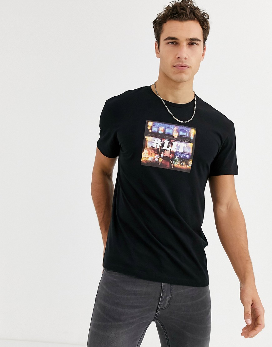 Jack & Jones Originals - T-shirt oversize natalizia nera con scritta Lit-Nero
