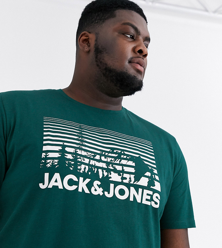Jack & Jones Originals - T-shirt verde con logo e stampa di montagne