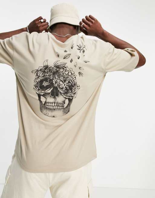 Jack Jones Originals T shirt with skull print in beige