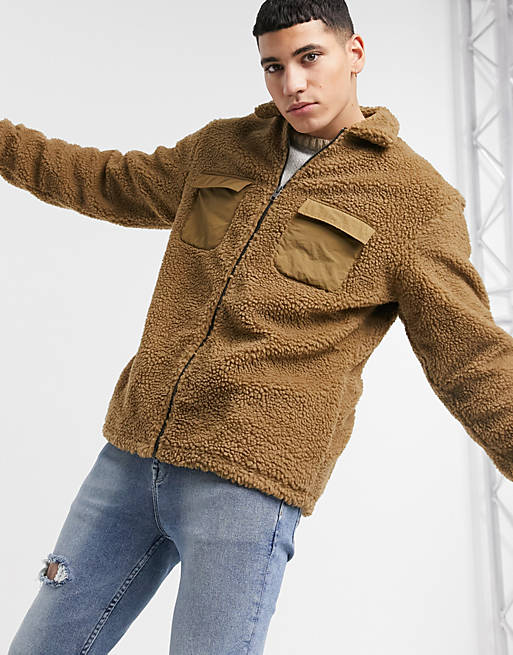 Jack & Jones Originals teddy borg jacket with pockets & zip in brown | ASOS