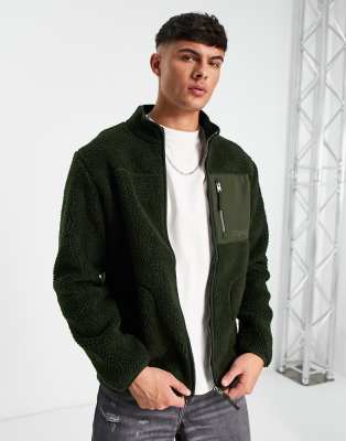 Jack & Jones Jack & Jones Originals teddy borg zip through jacket in khaki-Green