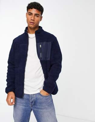 Jack & Jones Originals teddy borg zip up jacket in navy