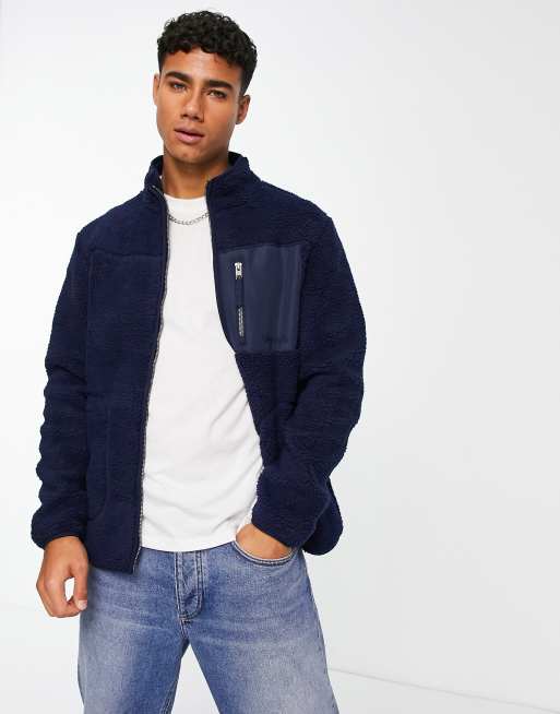 Jack & Jones Originals – Teddyfell-Jacke mit durchgehendem Reißverschluss in Dunkelblau