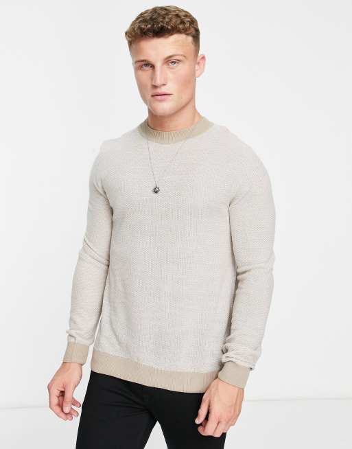 Jack & Jones Originals textured crew neck jumper in beige , 3 of 4