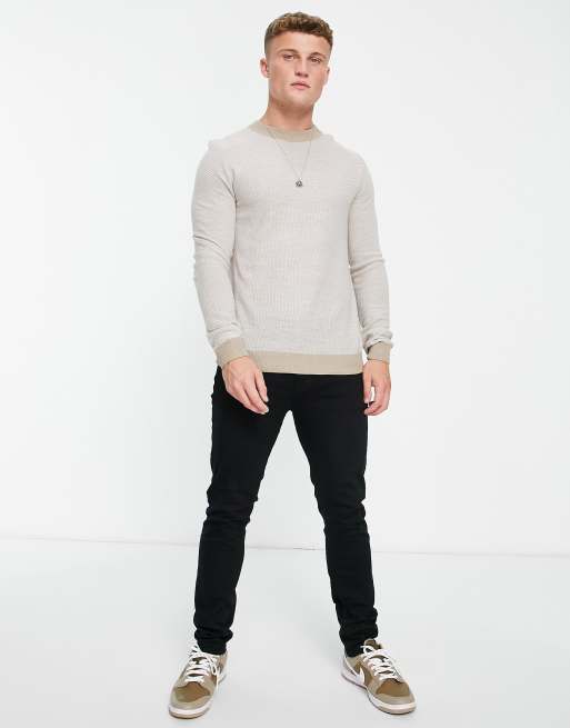 Jack & Jones Originals textured crew neck jumper in beige , 4 of 4