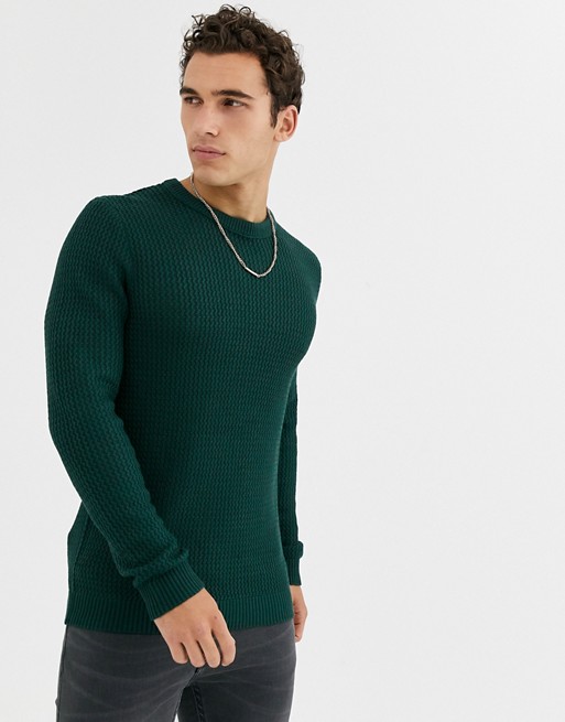 Jack & Jones Originals textured crew neck knitted jumper in green