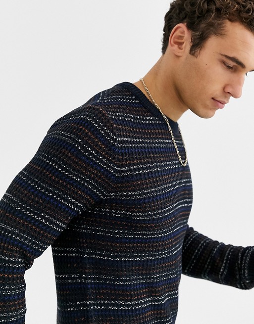 Jack & Jones Originals textured stripe jacquard knitted jumper in navy