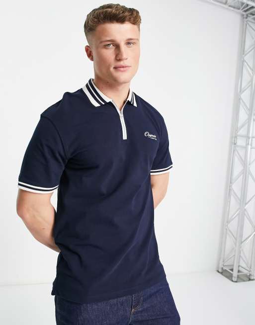 Jack & Jones Originals tipped polo shirt with half zip in navy | ASOS