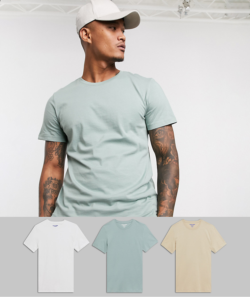 Jack & Jones – Originals – Vit, grön och beige t-shirt i 3-pack-Flerfärgad