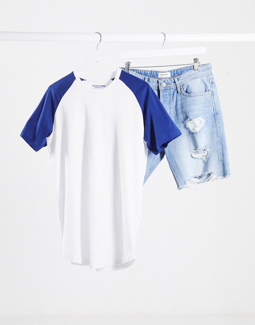Jack & Jones – Originals – Vit och marinblå t-shirt i longline-modell med rundad nederkant och raglanärm