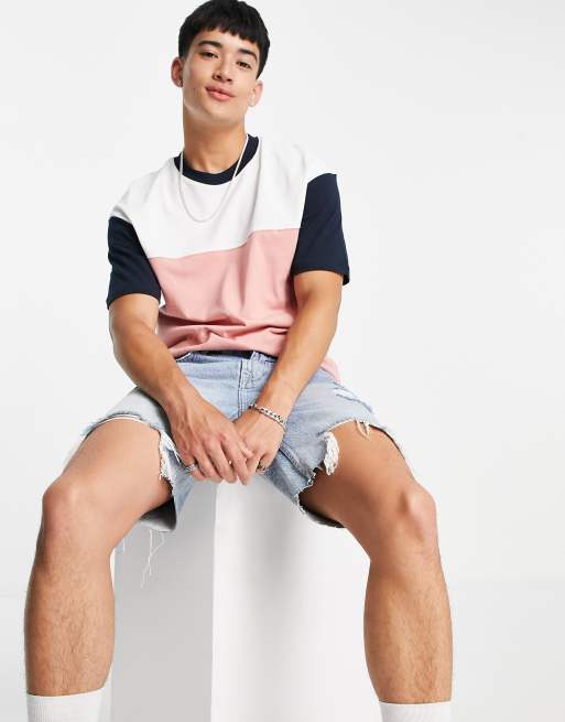 Jack & Jones – Originals – Vit och rosa blockfärgad t-shirt i oversize