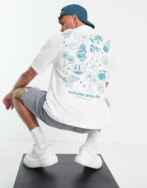 Jack & Jones Originals – Vit t-shirt i oversize med 'future worlds'-tryck baktill