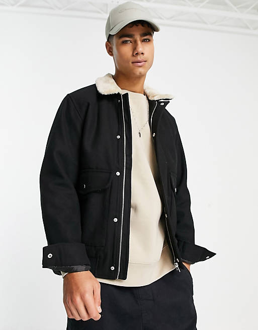 Jack & Jones Originals wool bomber jacket with faux fur collar in black