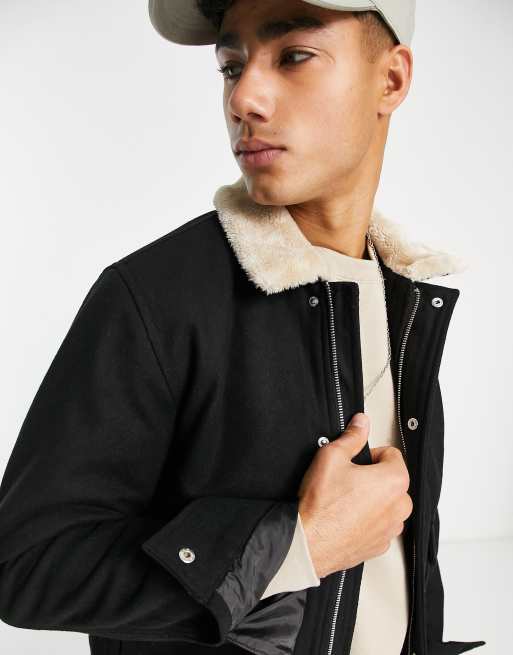 Men's wool bomber hot sale jacket with fur collar