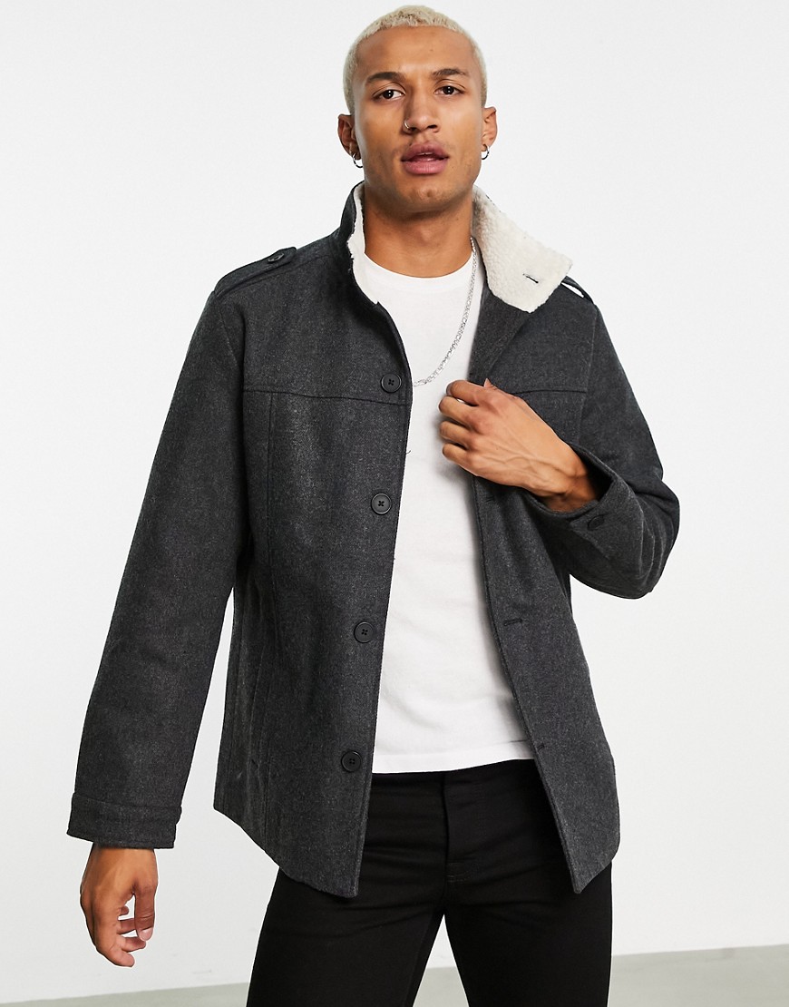 Jack & Jones Originals wool jacket with sherpa lined funnel neck in gray-Grey