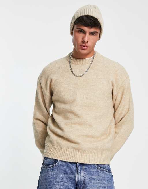Jack & Jones Originals wool mix crew neck jumper in beige , 3 of 4