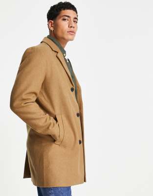 Jack & Jones Originals wool mix overcoat in tan-Brown