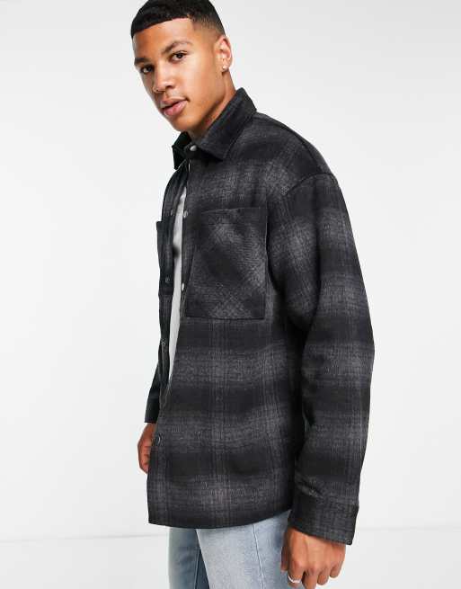 Jack & Jones Originals wool overshirt with pockets in black check 