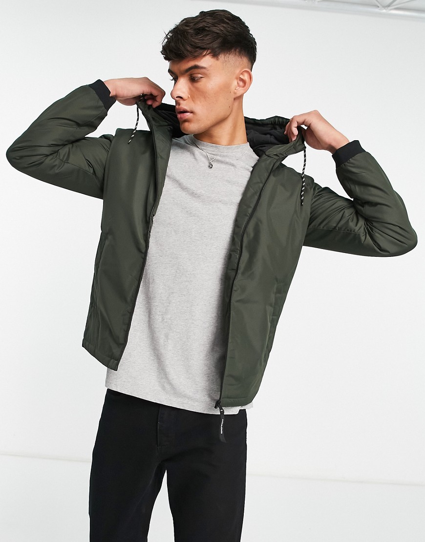 jack & jones originals zip through hooded jacket in khaki-green