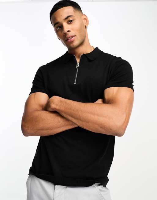Jack & Jones Originals zip through knitted polo in black 