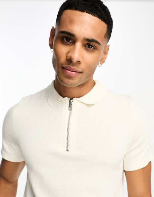 Jack & Jones Originals zip through knitted polo in white