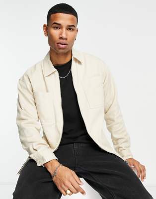 Jack & Jones Originals zip up twill overshirt in beige-Neutral