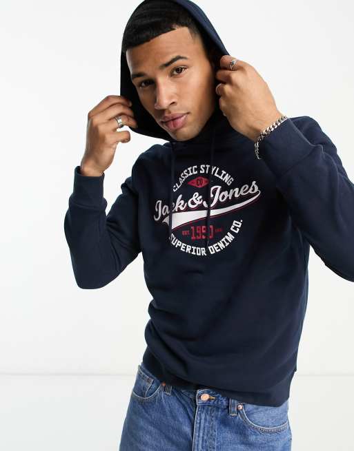 Jack & Jones overhead vintage logo hoodie in navy | ASOS