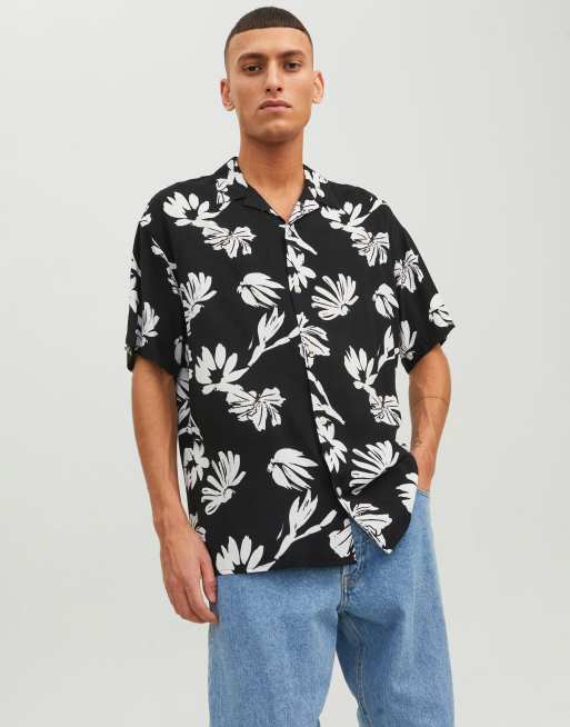 Jack & Jones - Overhemd met korte mouwen en Palma Resort-print in zwart