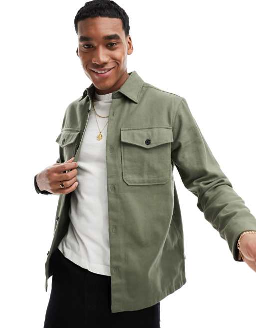 Jack & Jones overshirt with pockets in khaki | ASOS