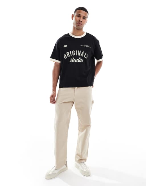 Jack & Jones oversize cropped ringer t-shirt with print in black