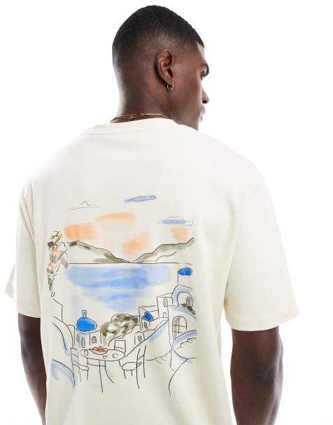 Jack & Jones oversize heavyweight t-shirt with mykonos print in cream - view 1