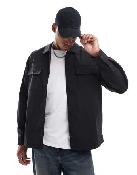Jack & Jones – Oversize-Hemdjacke aus Nylon in Schwarz - view 1