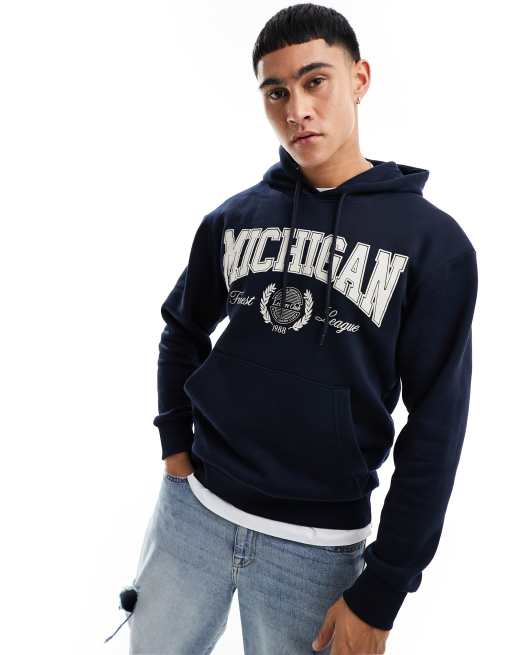 Jack & Jones – Oversize-Kapuzenpullover in Marineblau mit „Michigan“-Collegeprint