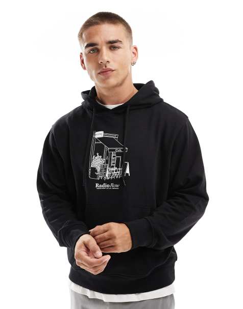Jack & Jones – Oversize-Kapuzenpullover in Schwarz mit Radio Row-Print auf der Brust - view 1